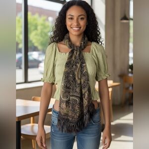 BOHO Echo Green & Brown Paisley Floral Silk Fringed Scarf – Elegant Accessory